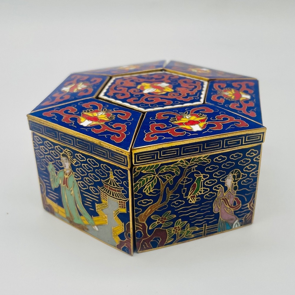 Peking Jewelry Cloisonne Enamel 7-Piece Puzzle Trinket Box Set Blue Floral - Picture 4 of 17